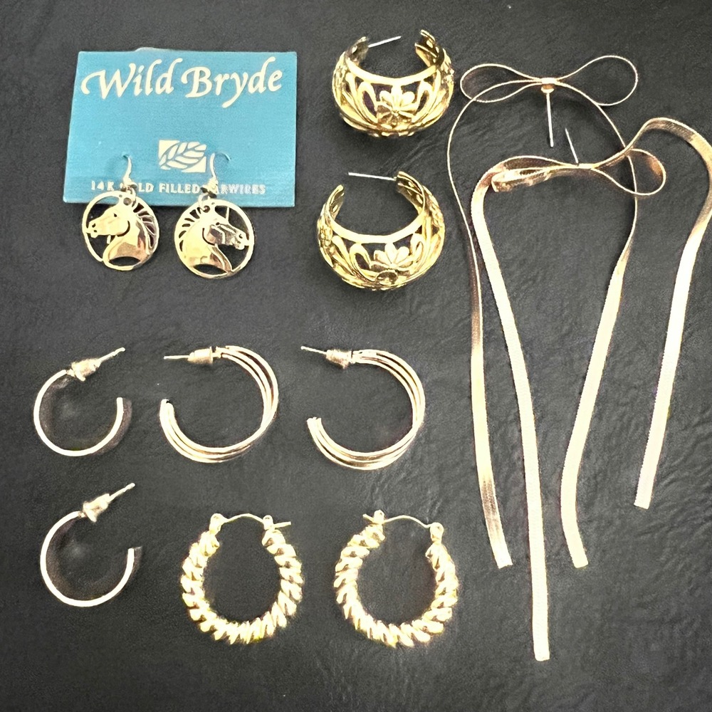 Vintage Wild Bryde 14K GF Horse Hoop Bow Gold Tone Earring Lot 6 Pairs 90s Boho